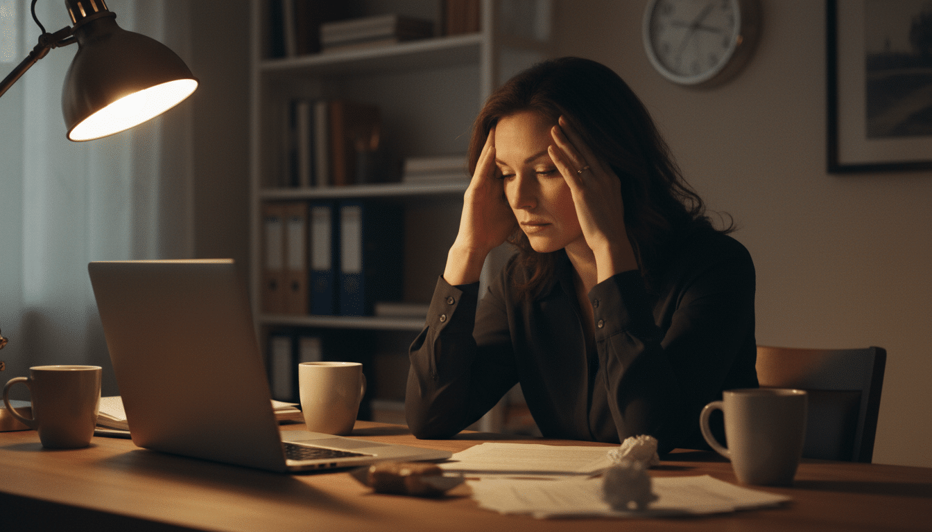 Gestresste vrouw achter laptop laat op de avond kan niet slapen