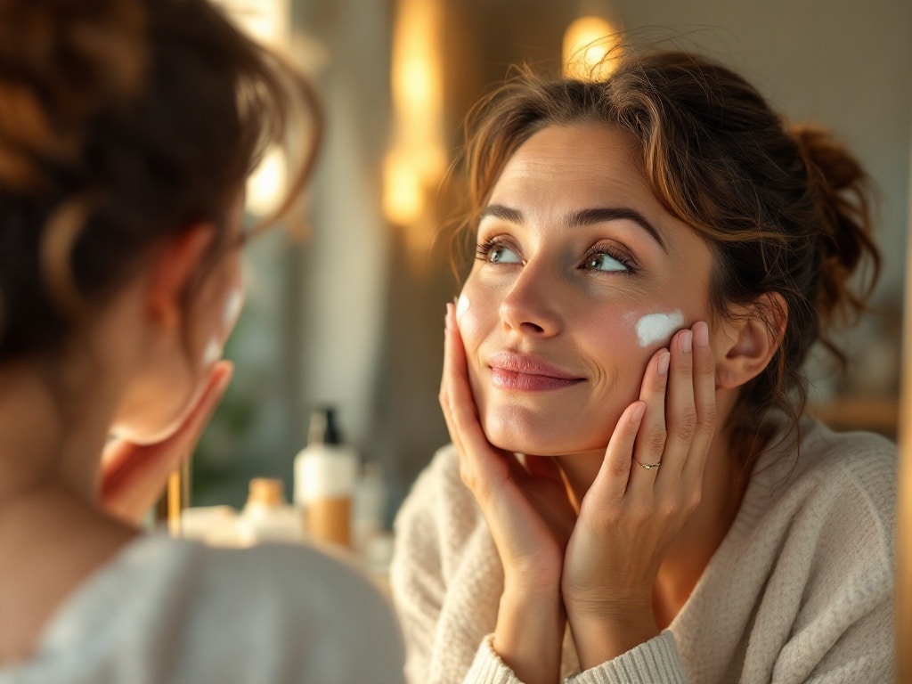 Vrouw gebruikt huidverzorgingsproducten als onderdeel van anti-aging routine