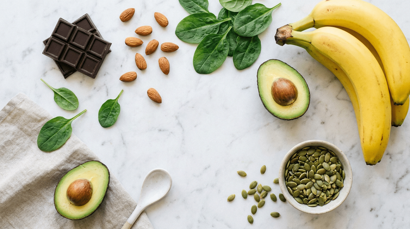 Voedingsmiddelen rijk aan magnesium: noten, spinazie, avocado, donkere chocolade