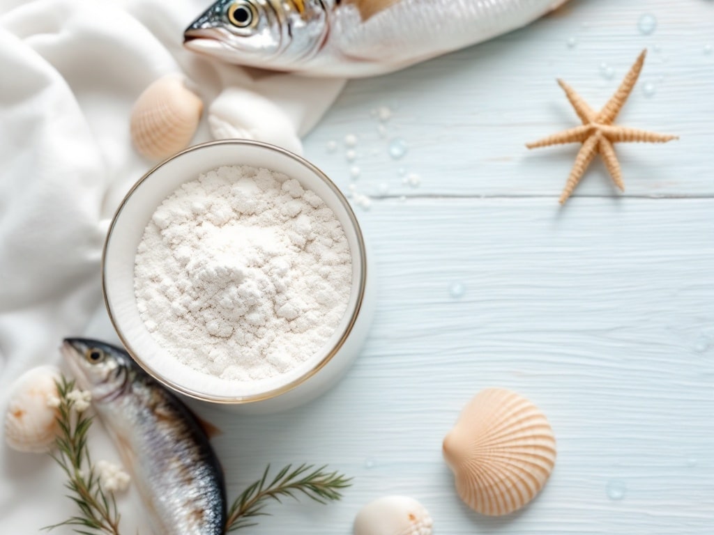 Marine collageen supplement naast vis en oceaan ingredienten