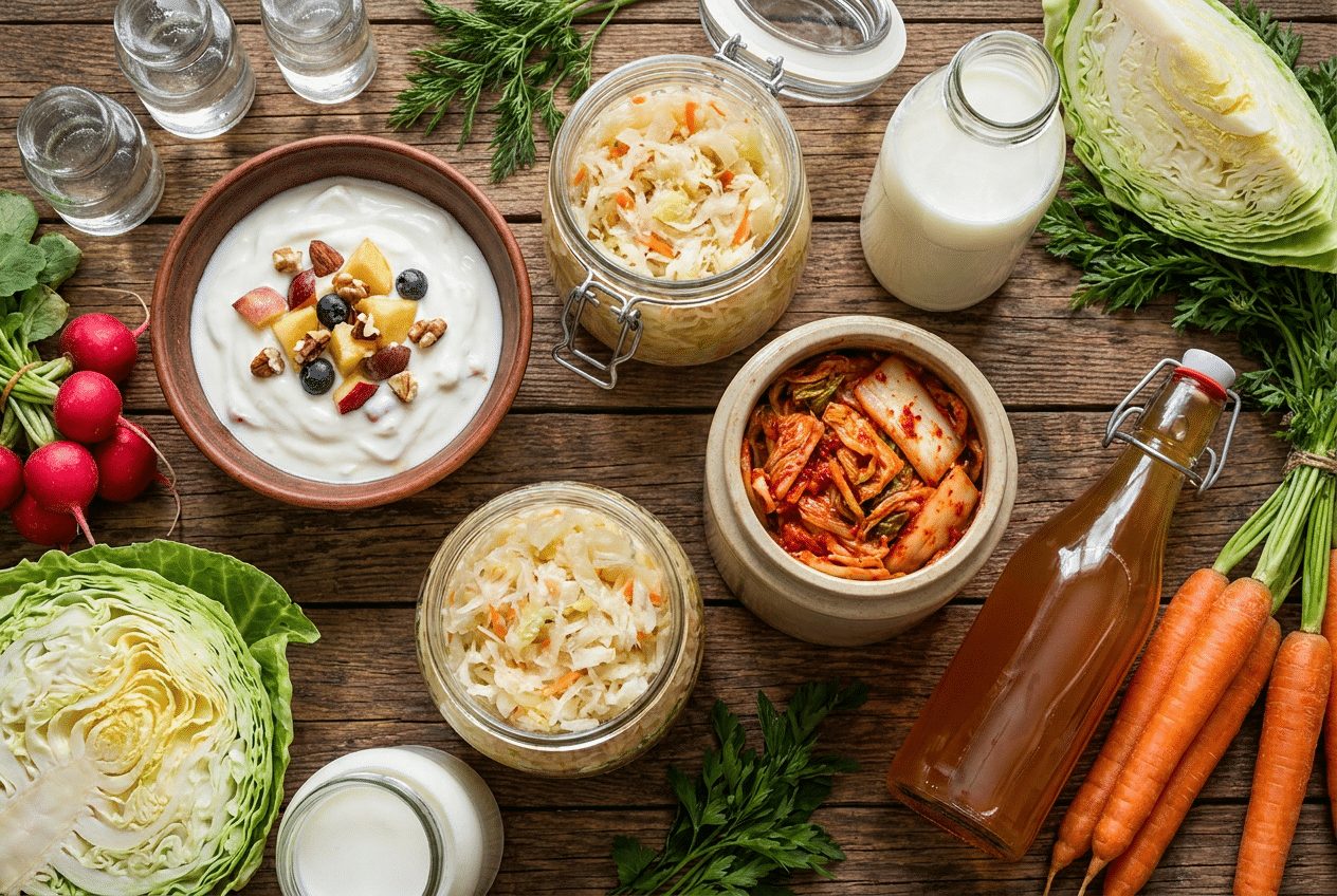 Gefermenteerd voedsel zoals yoghurt, zuurkool en kefir op een houten tafel