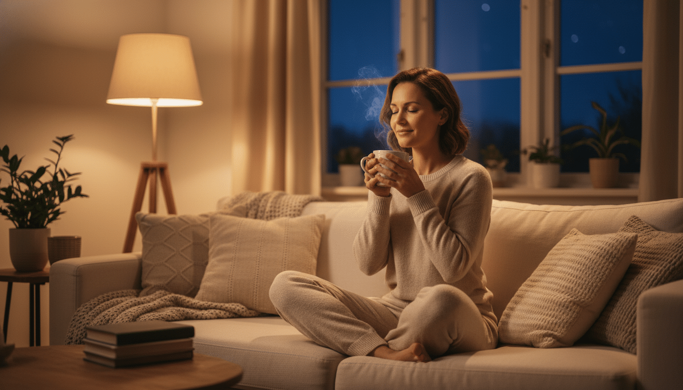 Ontspannen vrouw met thee op de bank klaar voor een goede nachtrust