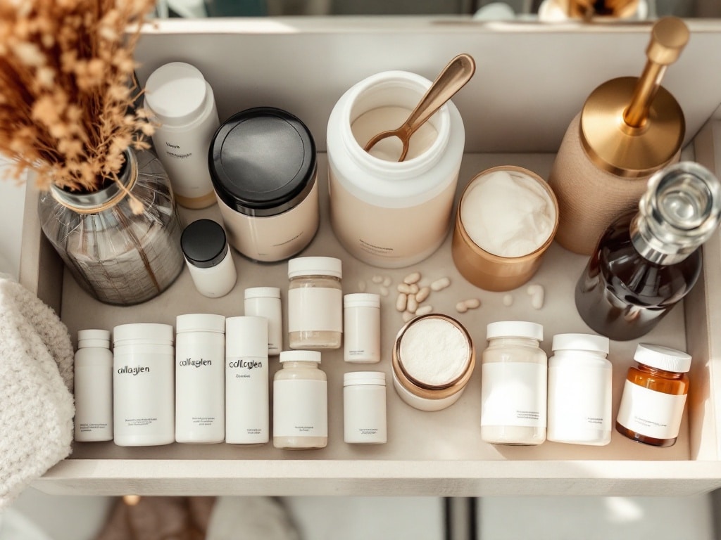 Supplement potjes op een badkamerplank als onderdeel van dagelijkse routine