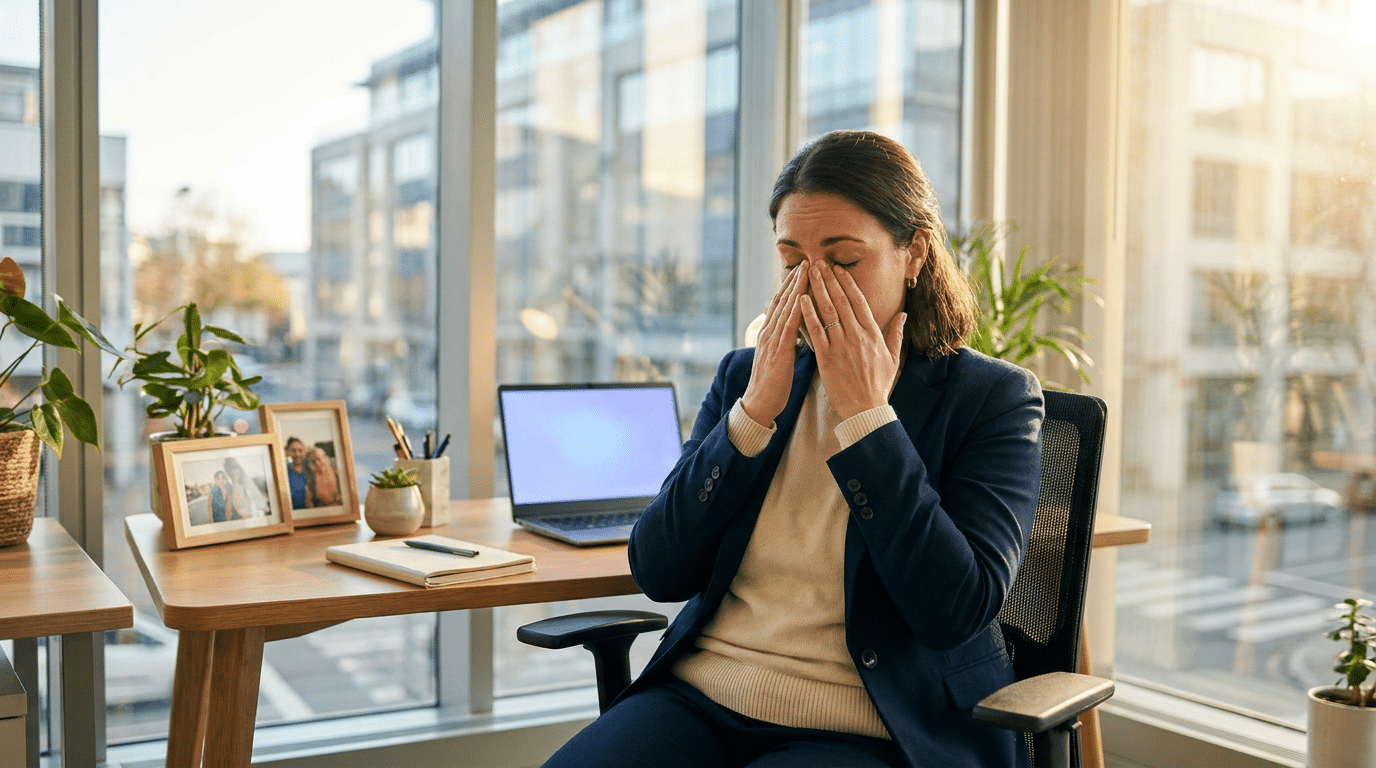 Vrouw met vermoeide ogen achter laptop door blauw licht schermwerk