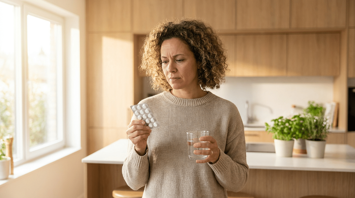 Vrouw met antibioticakuur in de keuken die nadenkt over haar darmflora herstellen