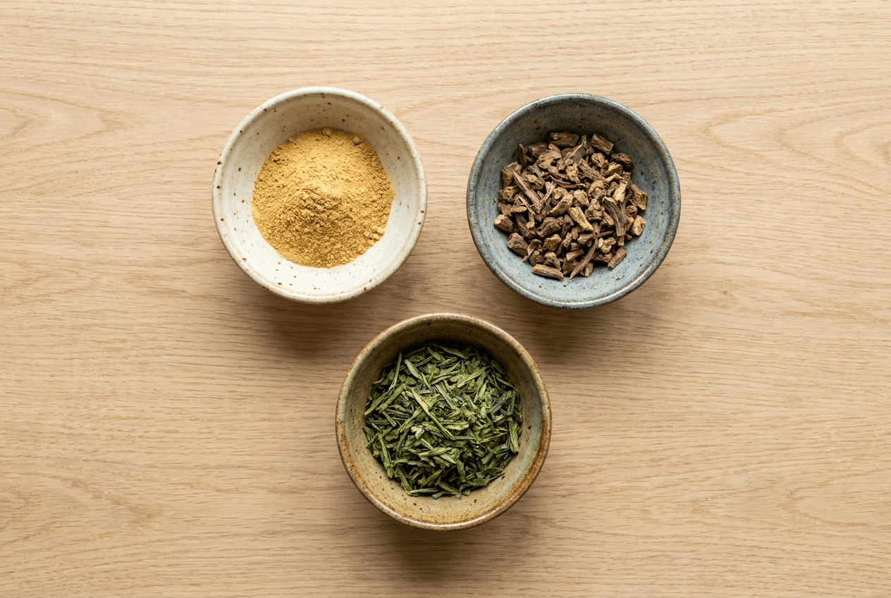 Ashwagandha, valeriaanwortel en groene thee als natuurlijke stressmiddelen naast elkaar