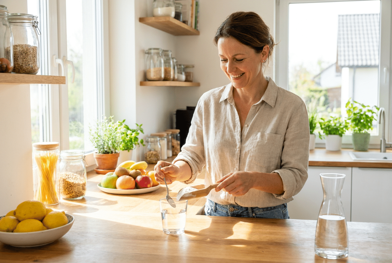 Vrouw roert collageen poeder door een glas water