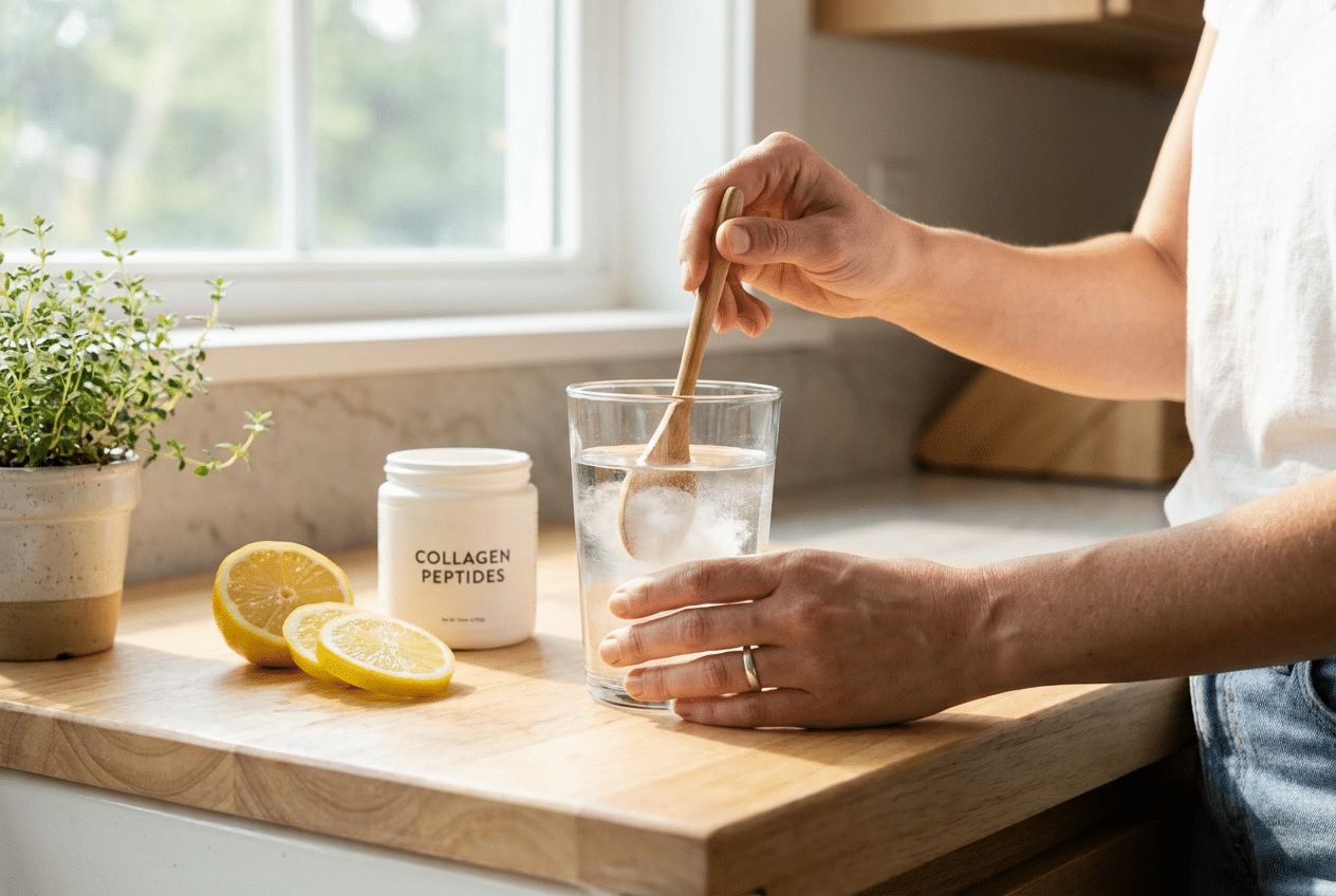 Collageen poeder oplossen in een glas water als onderdeel van de ochtendroutine