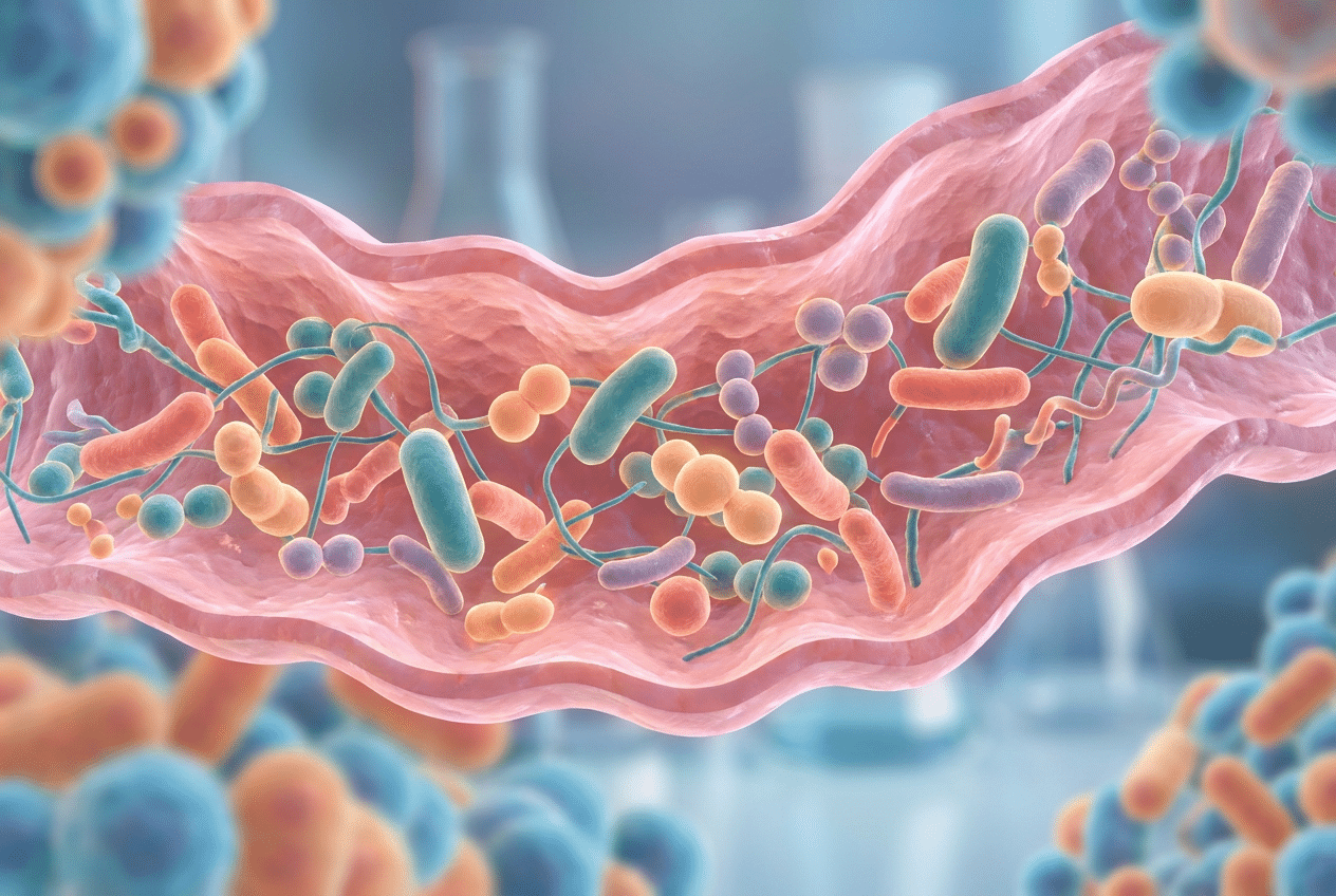 Illustratie van een gezonde darmflora met goede bacteriën die herstellen na antibiotica