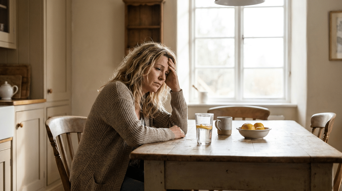 Vermoeide vrouw met hoofdpijn tijdens een detox aan de keukentafel