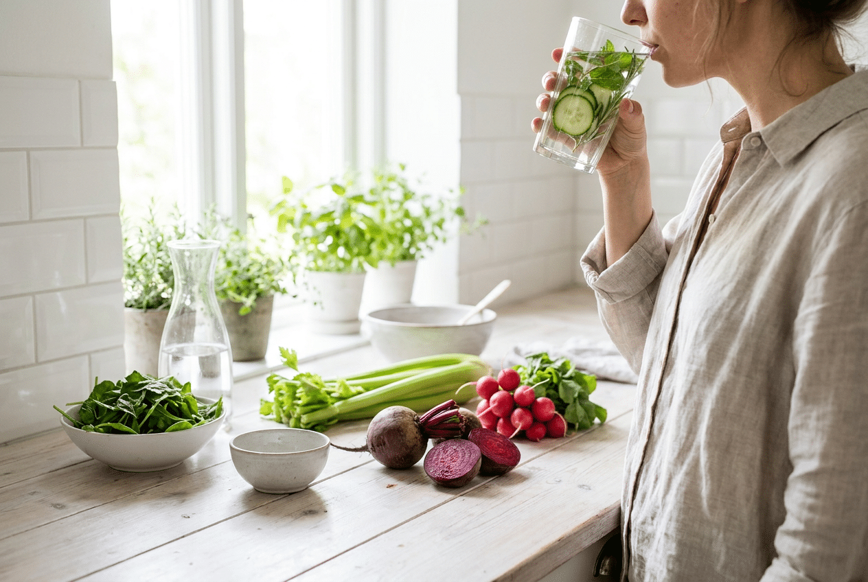 Glas water met komkommer en verse groente op een aanrecht tijdens een detox