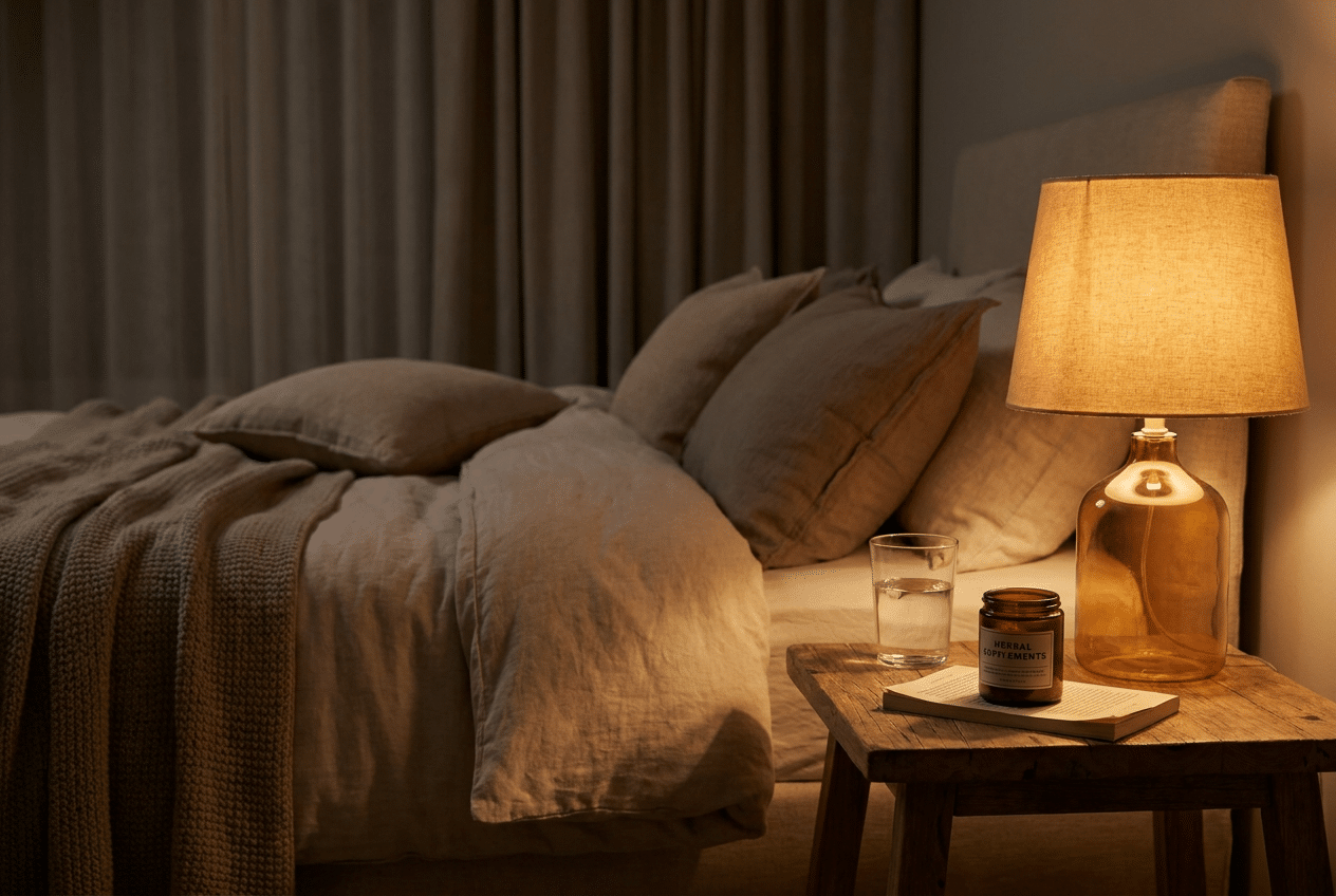 Rustige slaapkamer 's avonds met zacht licht en een glas water op het nachtkastje