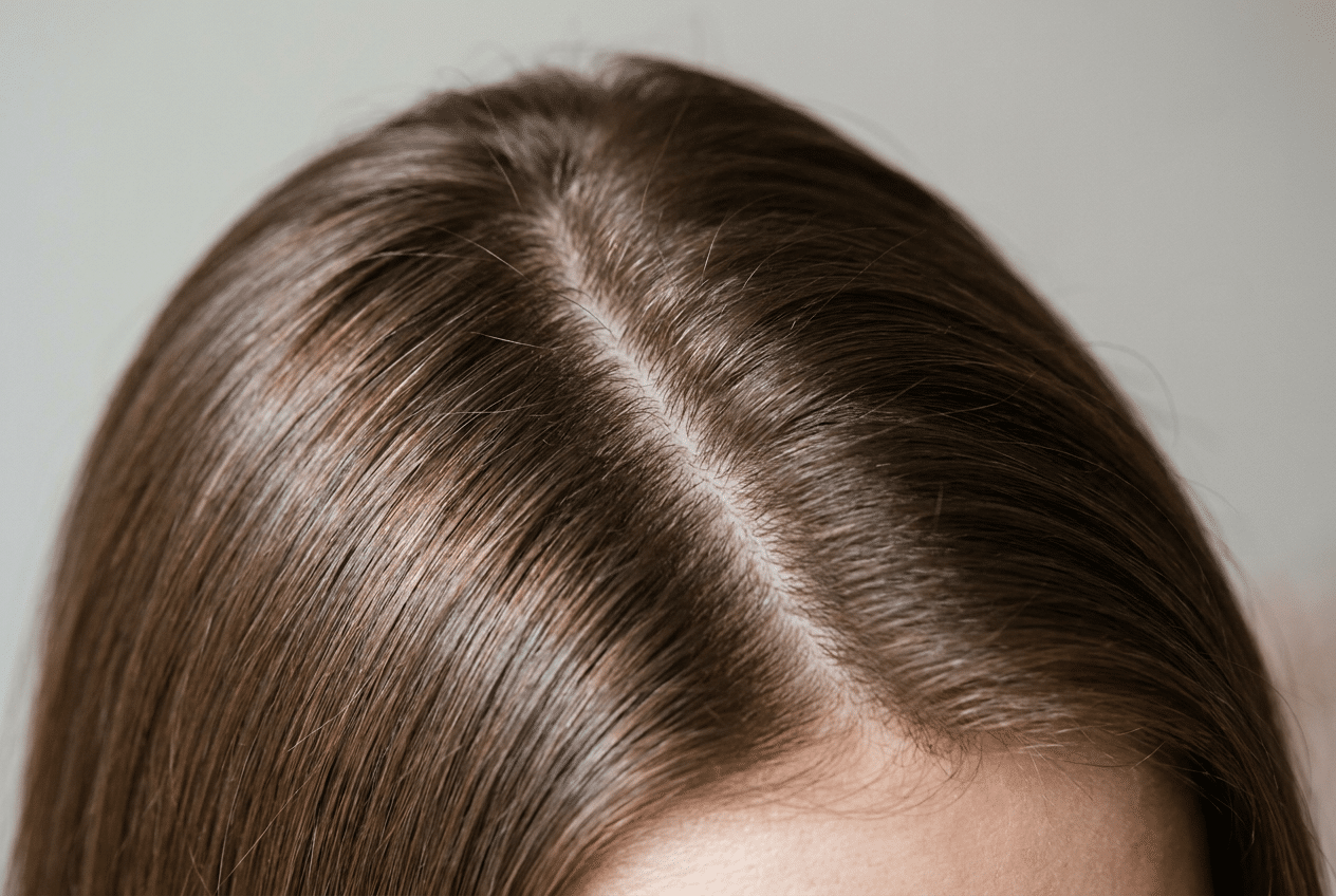 Bredere haarscheiding en dunner haar op de kruin