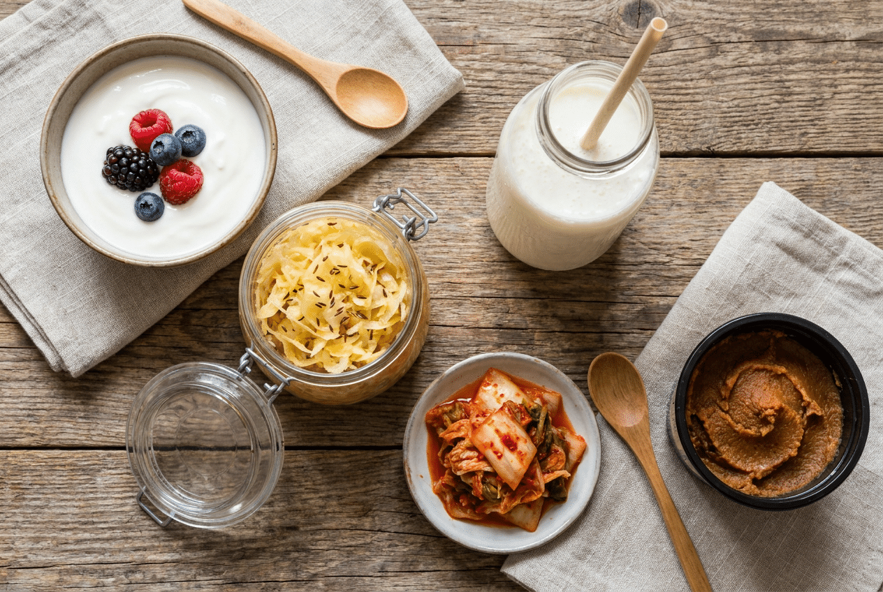 Gefermenteerd voedsel zoals yoghurt zuurkool en kimchi om darmflora te herstellen na antibiotica