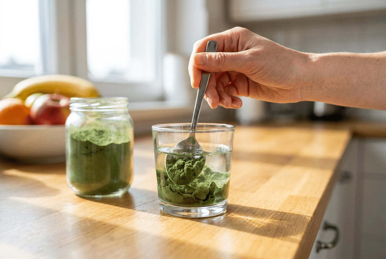 Greens poeder aanmaken in een glas water