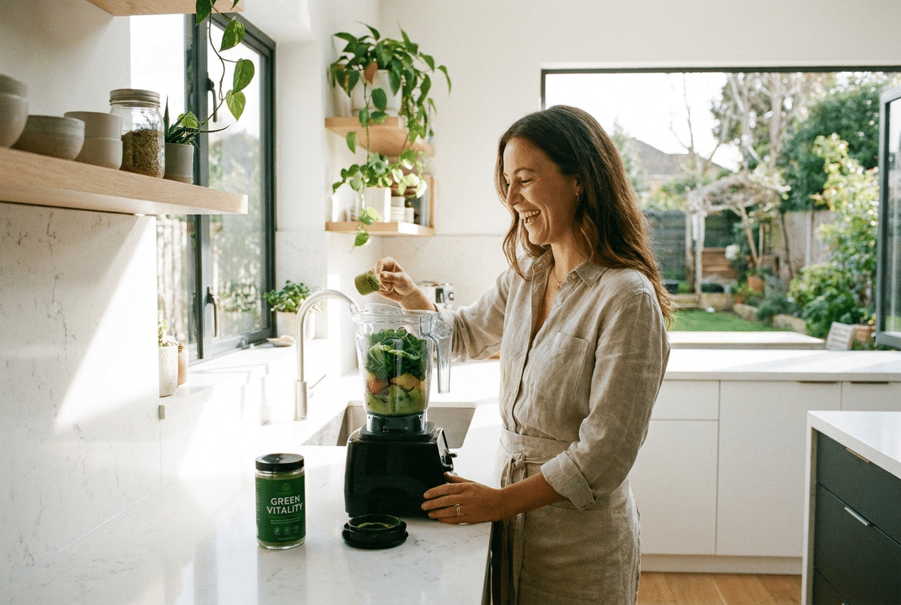 Vrouw maakt groene smoothie met greens poeder in keuken