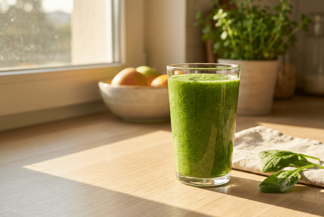 Glas greens smoothie in de ochtend