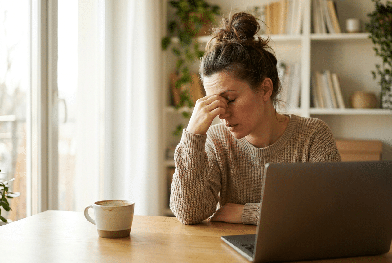 Vrouw die vermoeid achter bureau zit door groentetekort