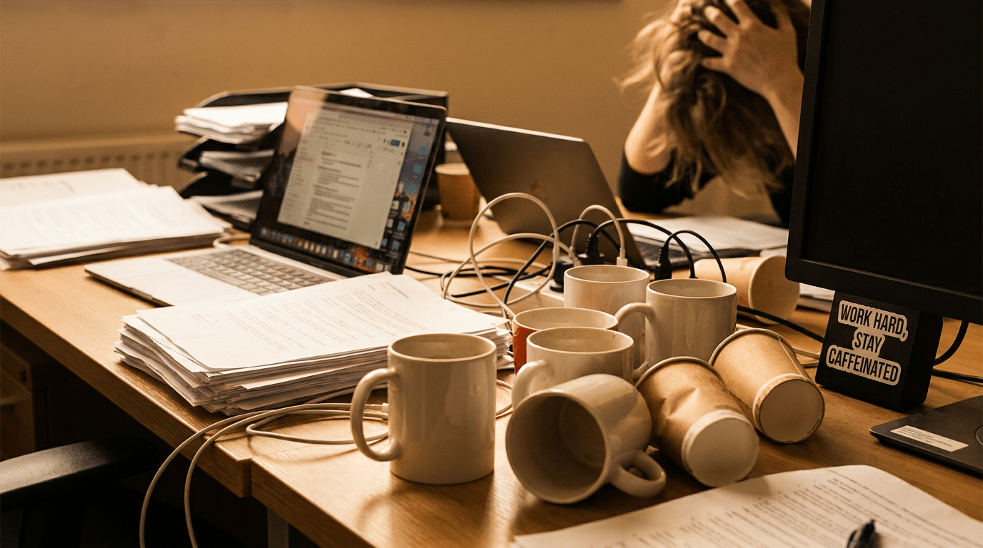 Meerdere lege koffiekopjes op een rommelig bureau als voorbeeld van te veel caffeine