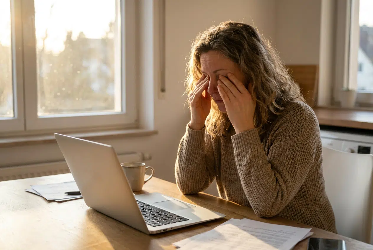 Vermoeide vrouw wrijft in haar ogen achter haar laptop