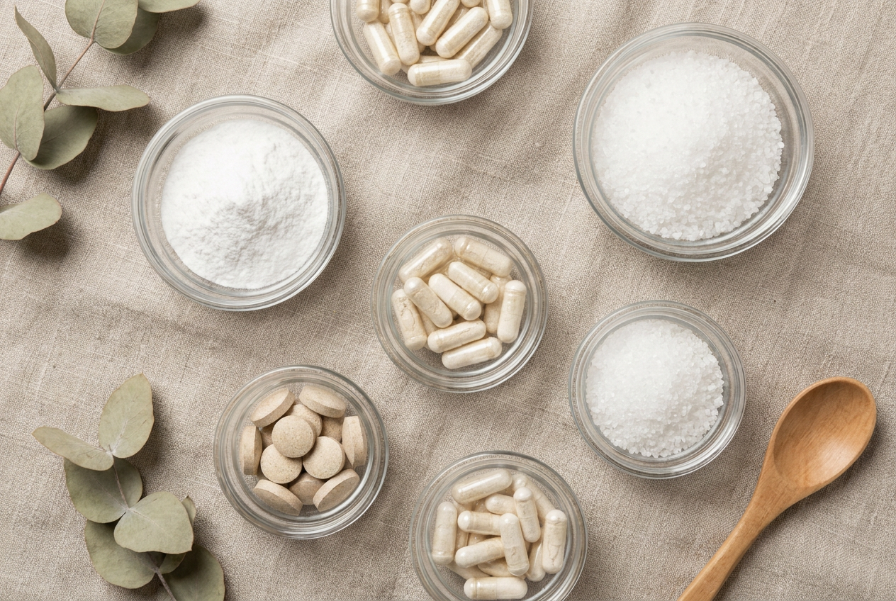 Verschillende vormen magnesium: capsules en poeder naast elkaar
