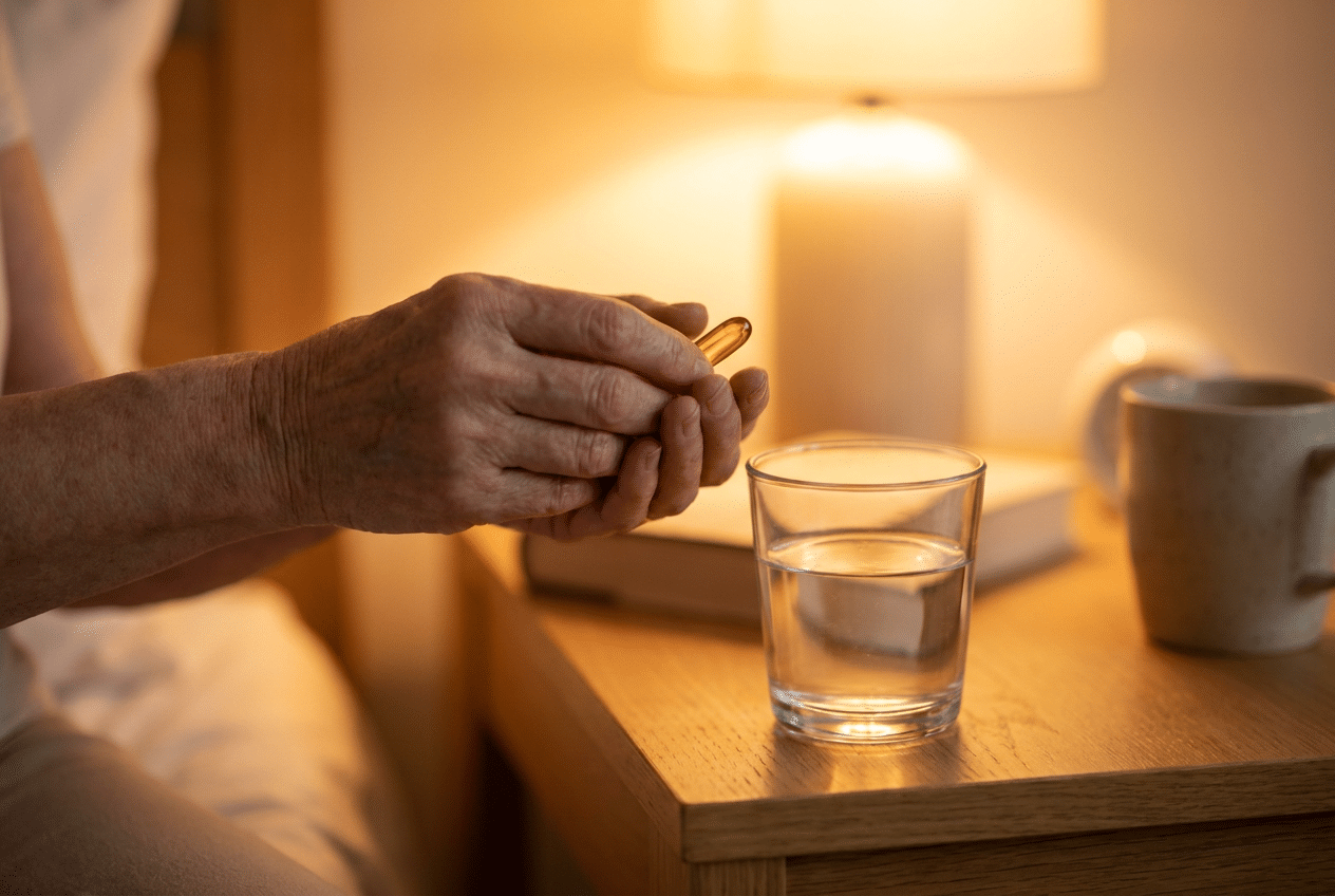 Hand houdt een natuurlijk stress supplement vast bij een glas water