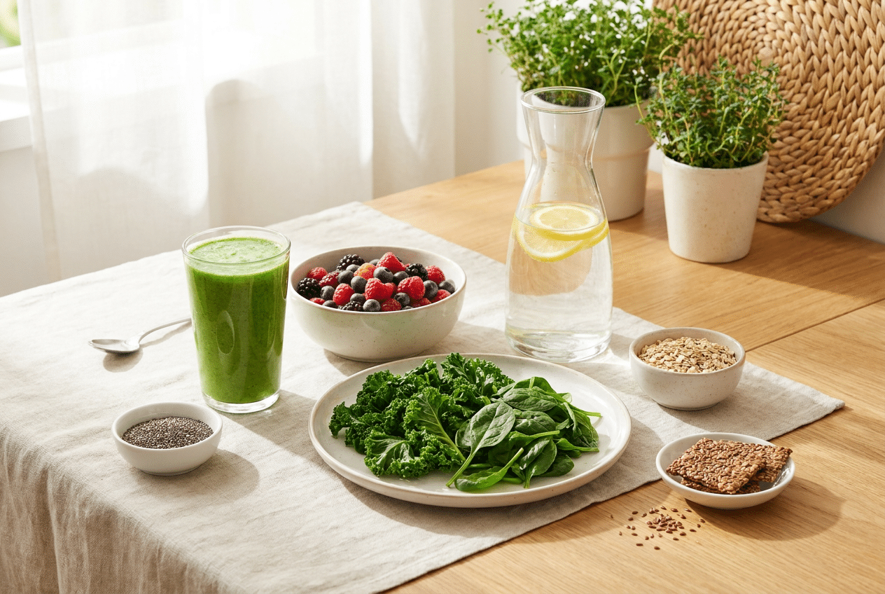 Gezond ontbijt met groene smoothie en vezelrijke voeding dat natuurlijke detox ondersteunt