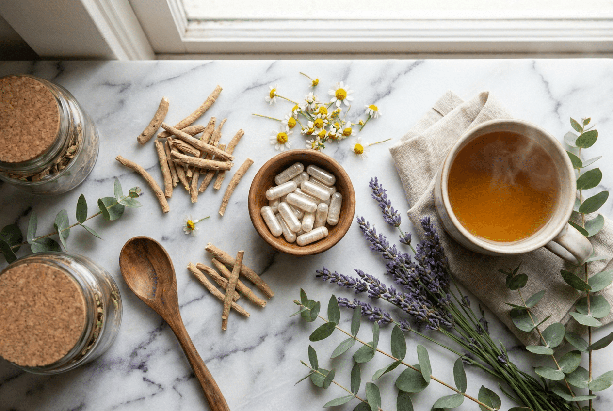 Natuurlijke ingredienten zoals ashwagandha, kamille en magnesium die helpen bij stressverlichting