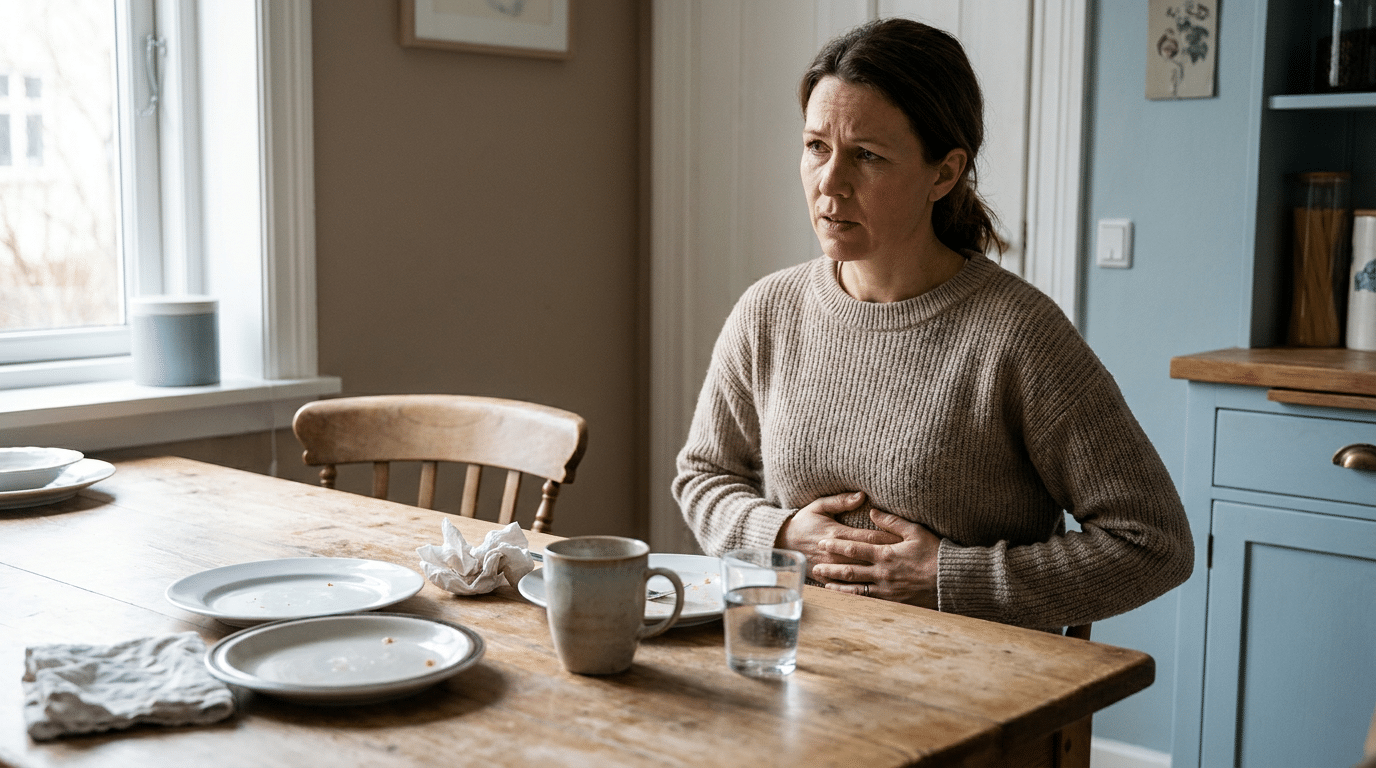 Vrouw met opgeblazen buik na een maaltijd aan de keukentafel