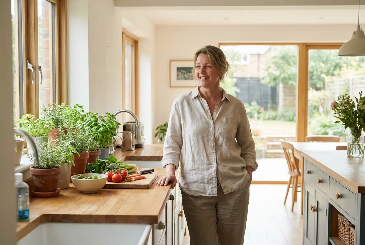 Vrouw met een comfortabele platte buik in de keuken