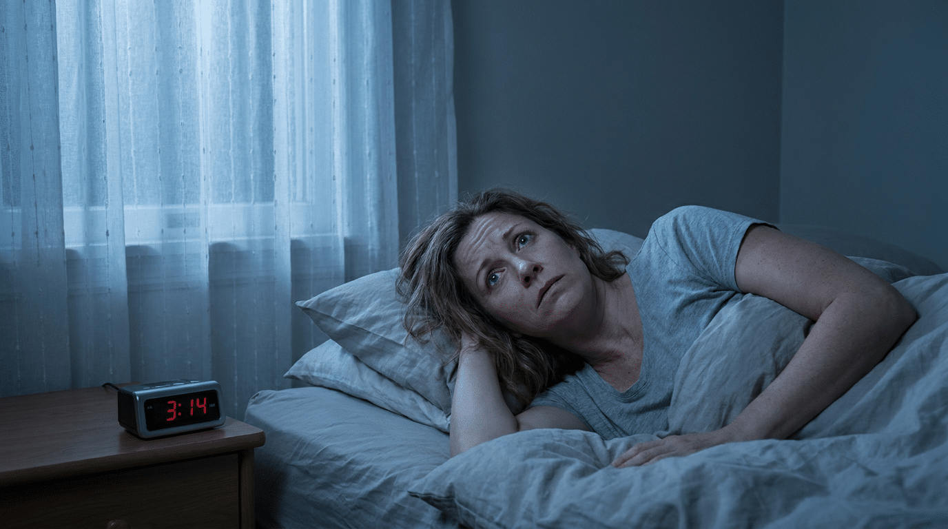 Vrouw ligt wakker in bed naast een wekker die 3:14 uur aangeeft