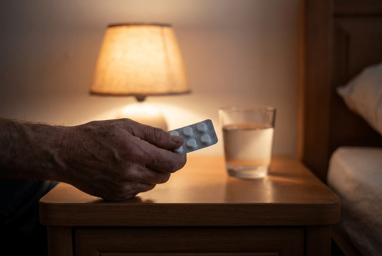 Hand houdt een strip slaappillen vast boven een nachtkastje met glas water