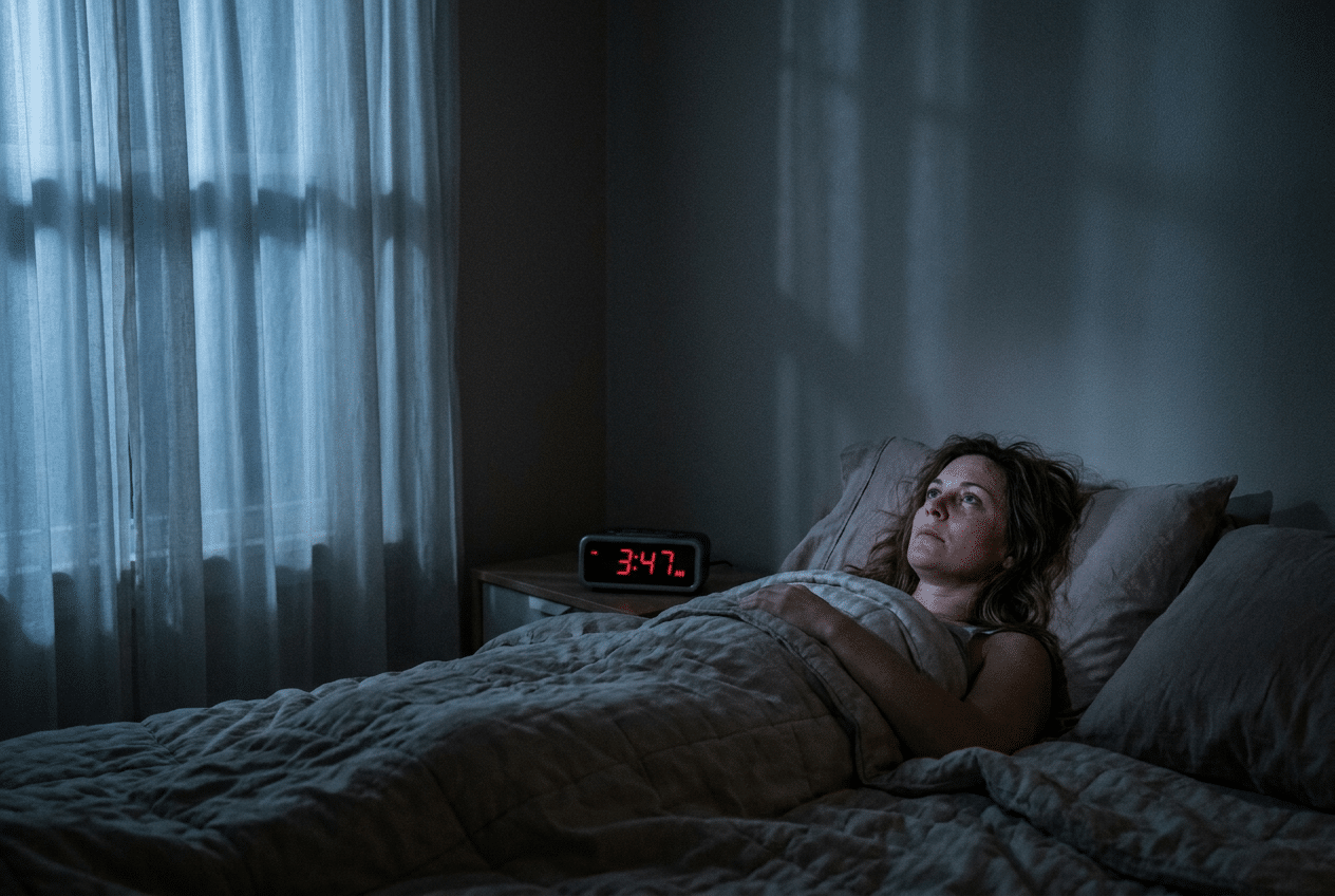 Vrouw ligt 's nachts wakker door stress en piekeren