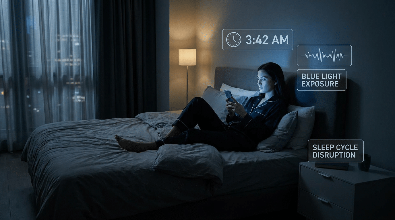 Persoon die in het donker op telefoon kijkt, blauw licht verstoort het slaapritme