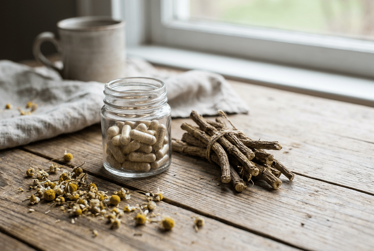 Valeriaanwortel en kamille naast een potje natuurlijk slaapsupplement