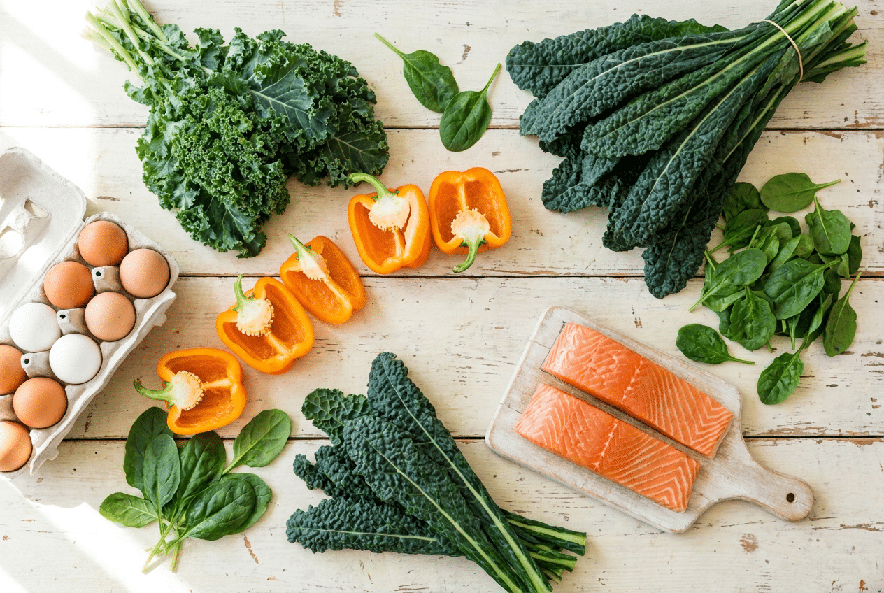 Bladgroenten, eieren, paprika en zalm op tafel als bronnen van luteïne en omega-3