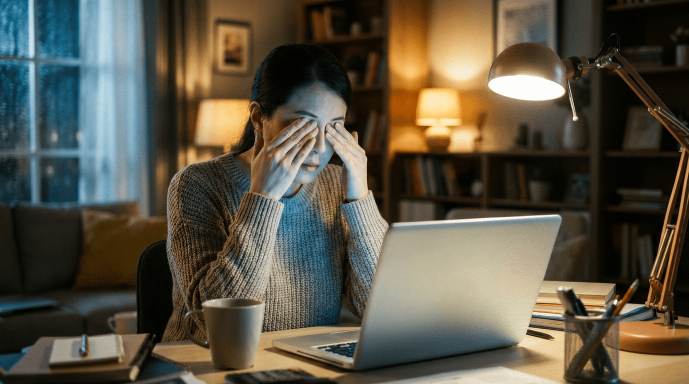 Vrouw met vermoeide ogen achter een beeldscherm in de avond