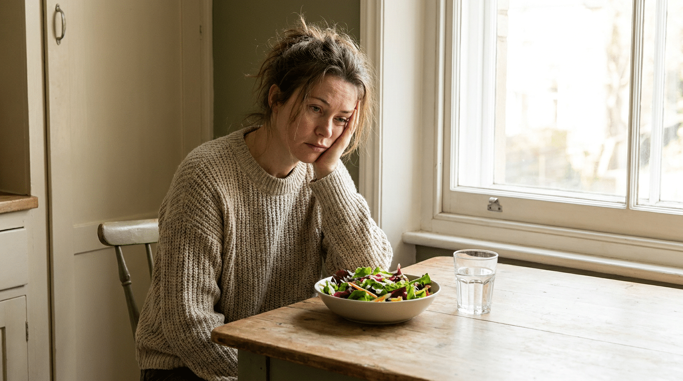 Vrouw altijd moe ondanks gezond eten aan de keukentafel