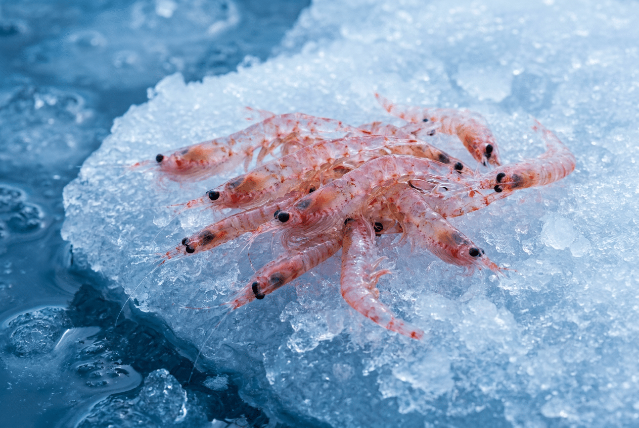 Antarctische krill met rood astaxanthine pigment op ijs