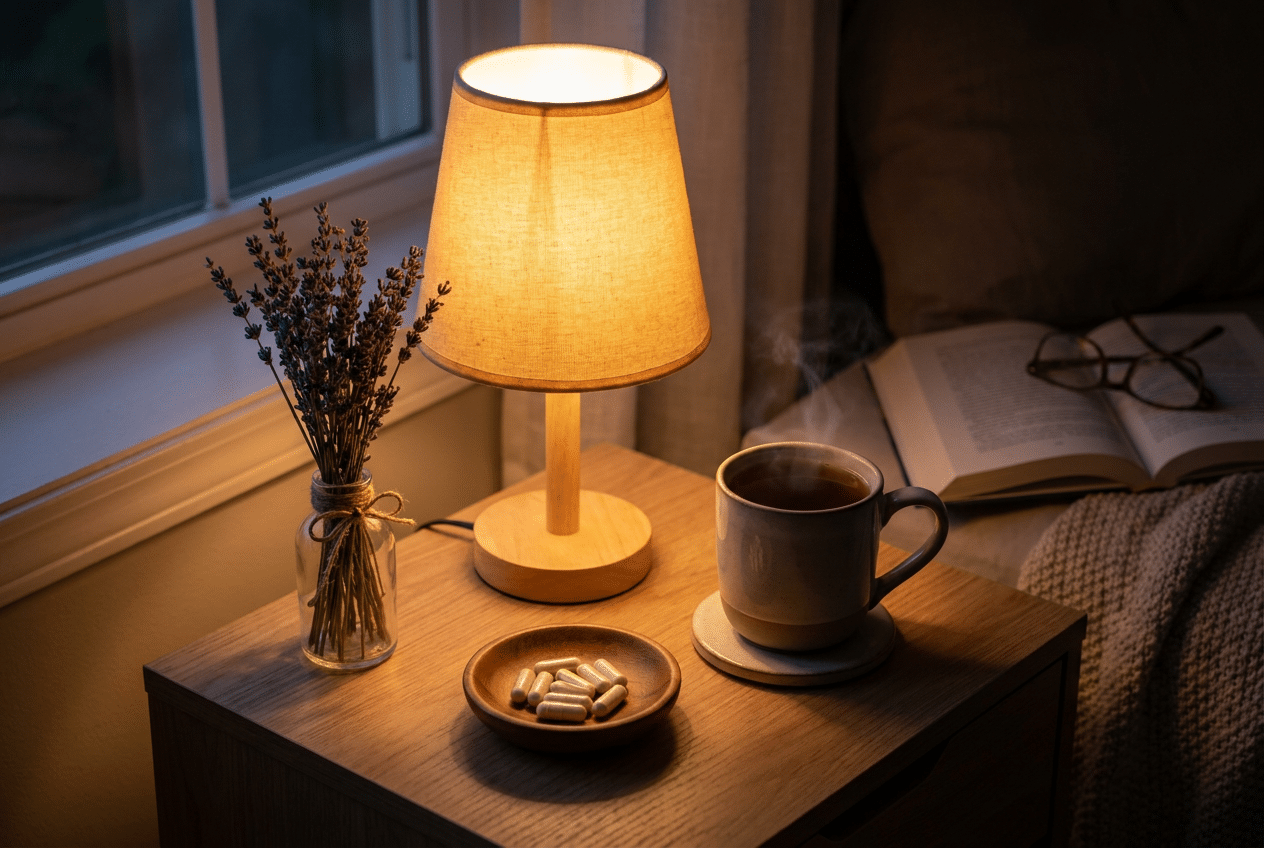 Nachtkastje met kruidenthee, magnesium en lavendel