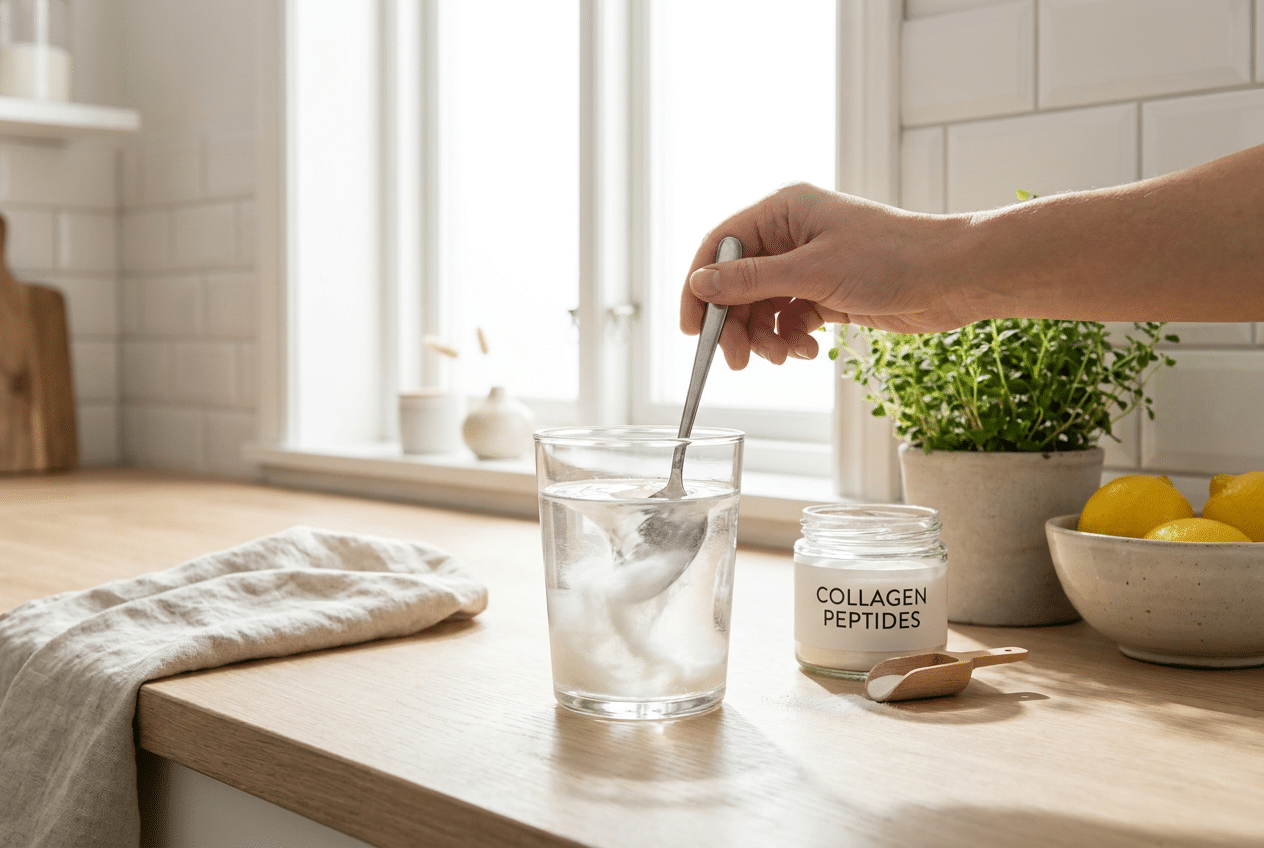Glas water met collageenpoeder dat wordt geroerd op een aanrecht