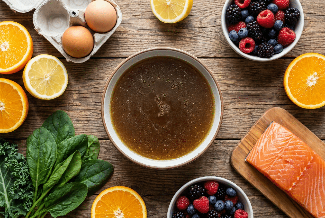 Voeding rijk aan eiwit en vitamine C voor collageenaanmaak op een houten tafel