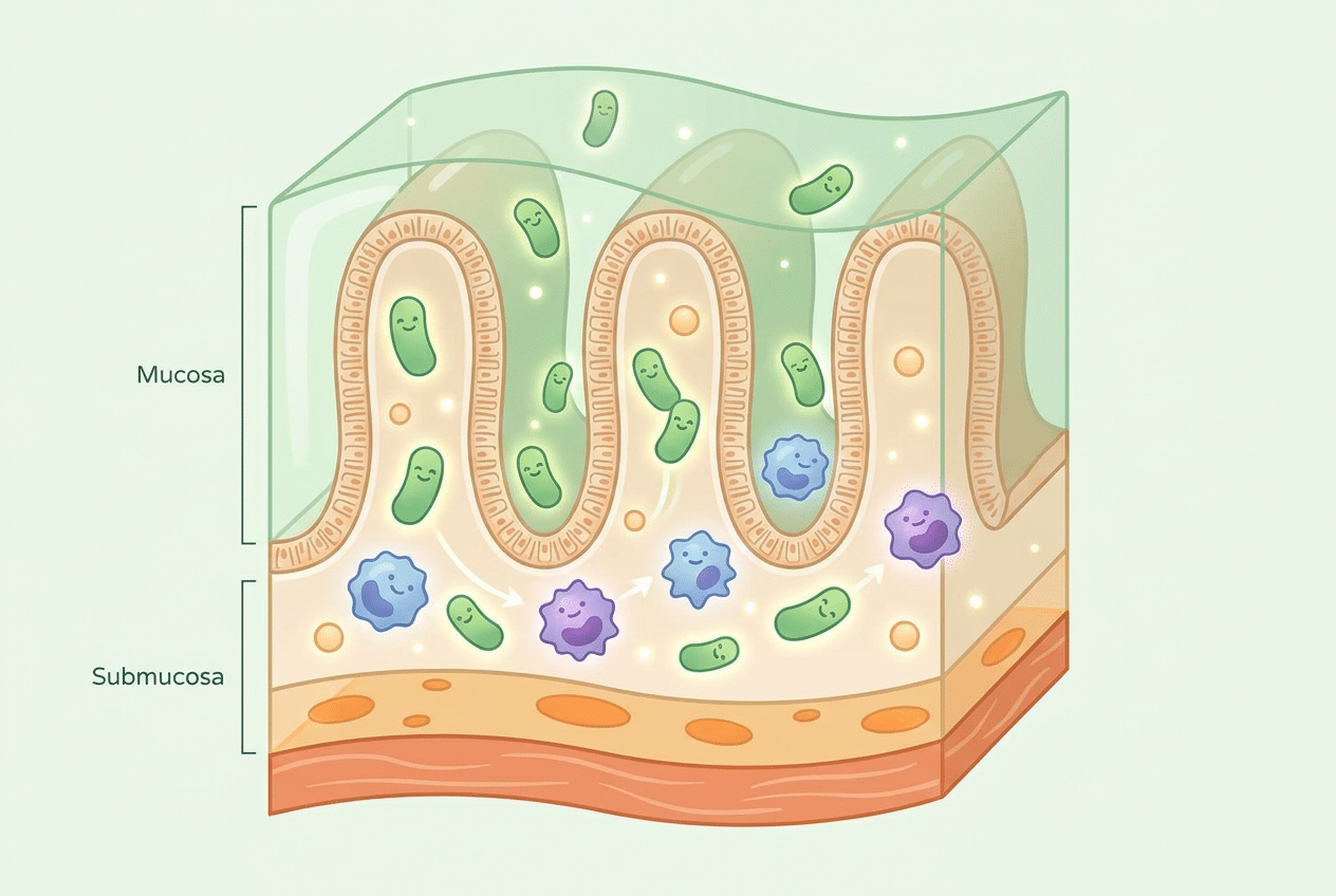 Illustratie van de darmwand met goede bacteriën en immuuncellen die samen de weerstand versterken