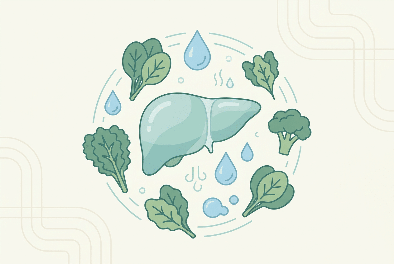 Illustratie van een gezonde lever ondersteund door groene voeding