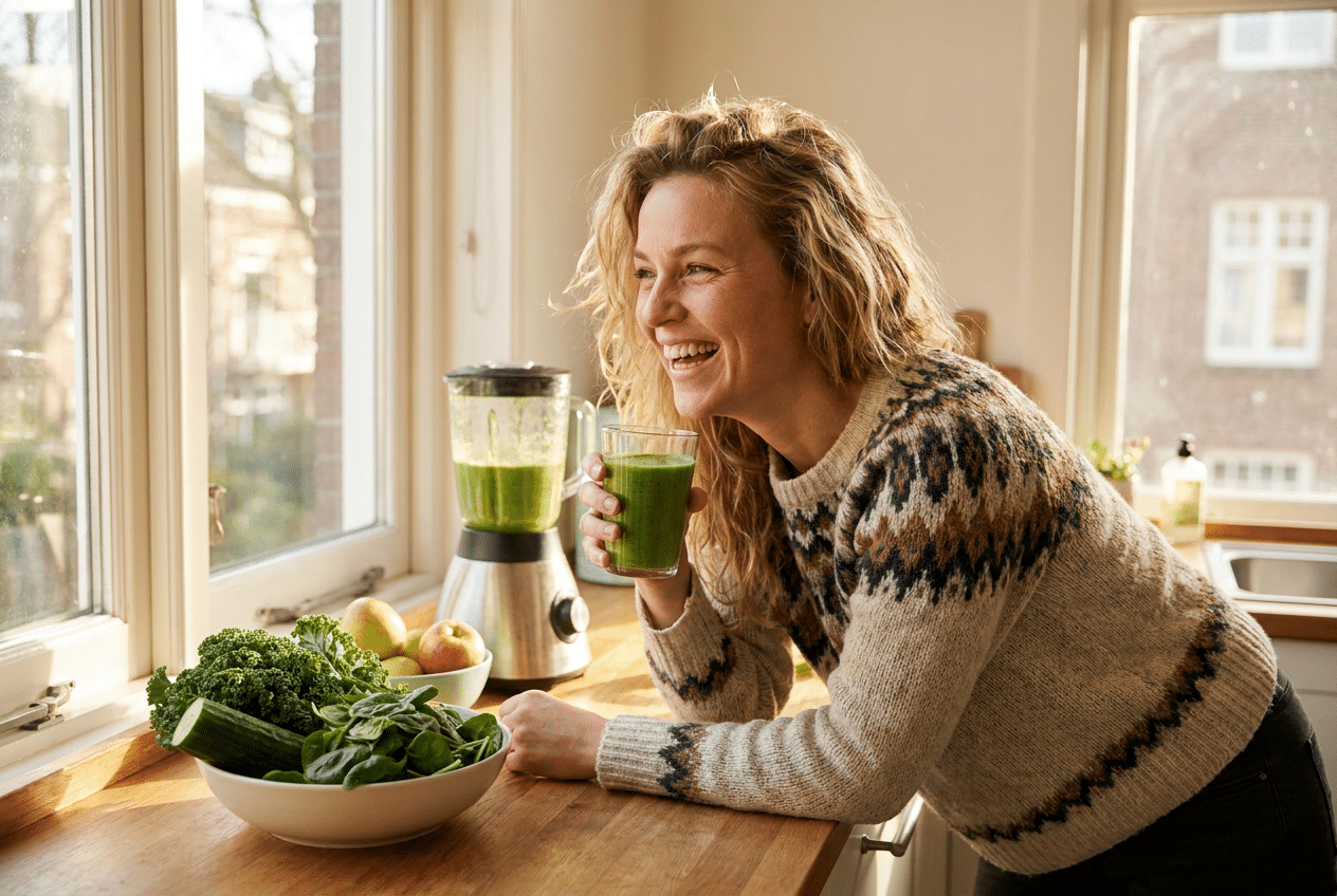 Vrouw drinkt een groene smoothie in de keuken