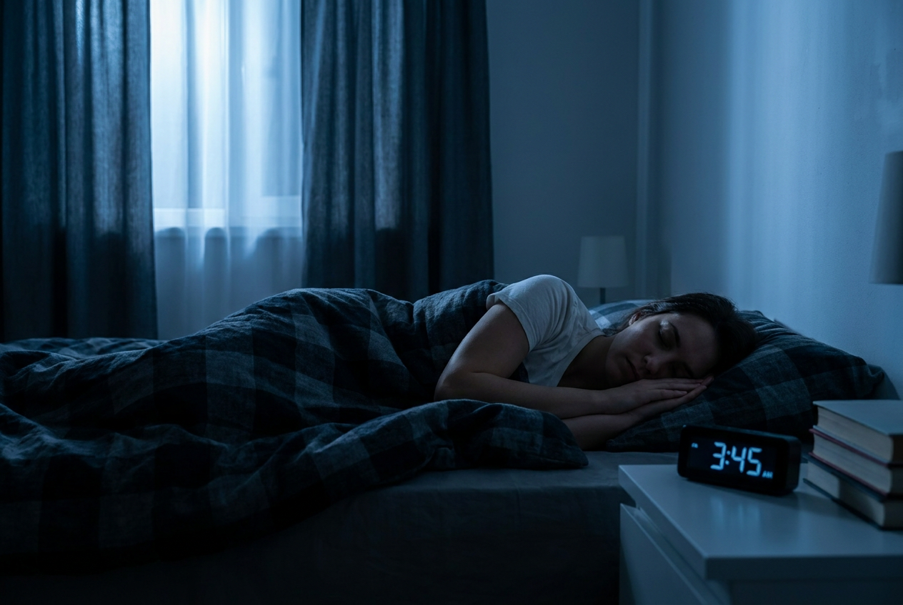 Persoon slaapt diep en rustig in een donkere slaapkamer