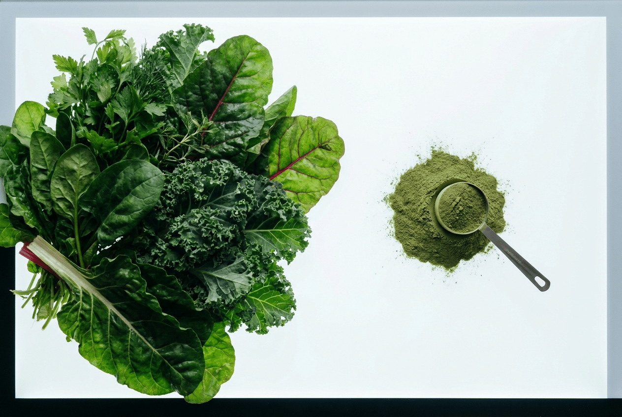 Verse bladgroente naast een hoopje greens poeder met maatschepje