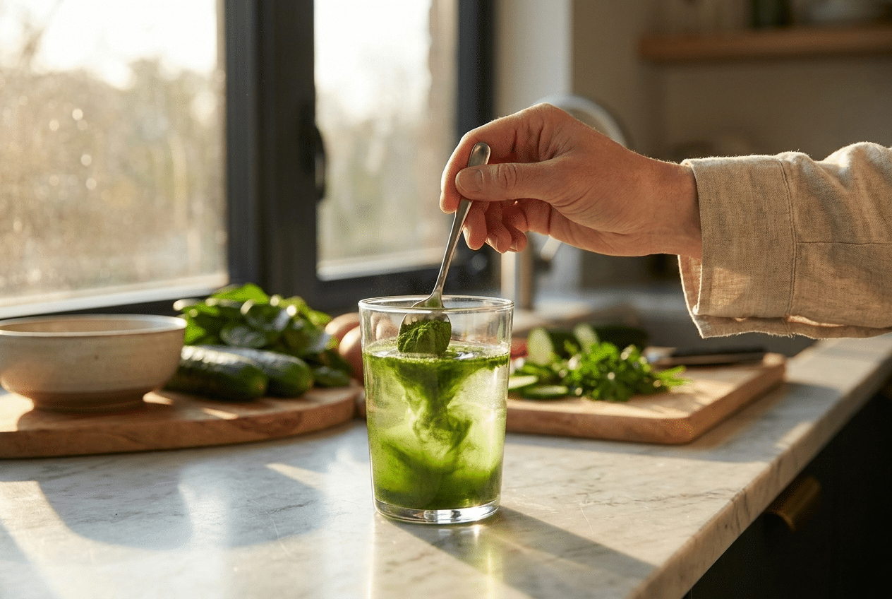 Hand roert groene greens poeder door een glas water