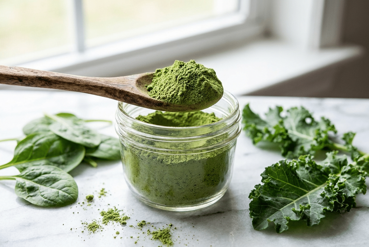 Schepje groene greens poeder met verse spinazie en boerenkool