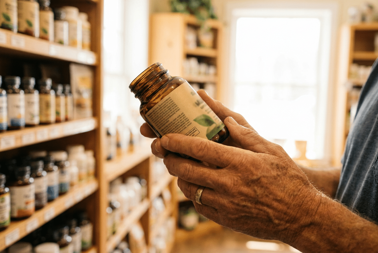 Handen die het etiket van een krillolie supplement controleren